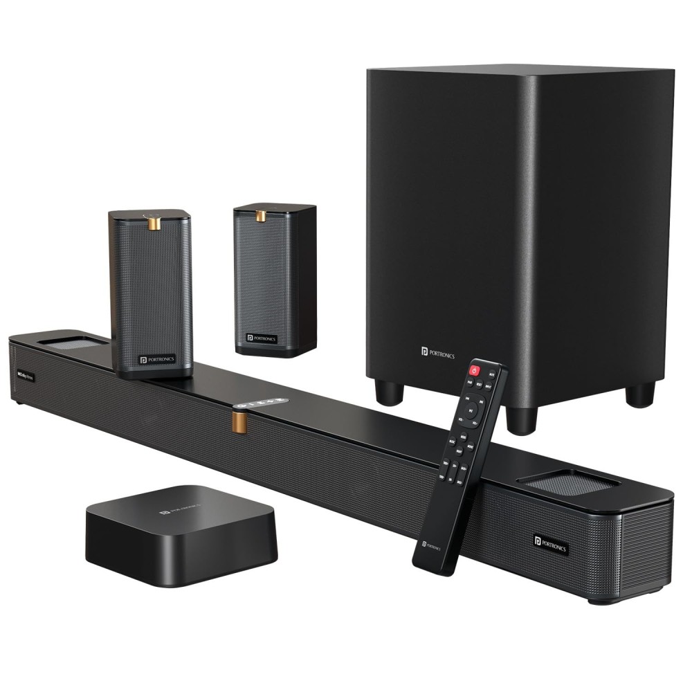 Portronics 600W Sound Slick X1 5.1.2 CH Dolby Atmos Soundbar Home Theatre with Wireless Satellite Speaker, Wired Subwoofer, Wide Comptability, HDMI ARC, Bluetooth & Optical Connectivity (Black)