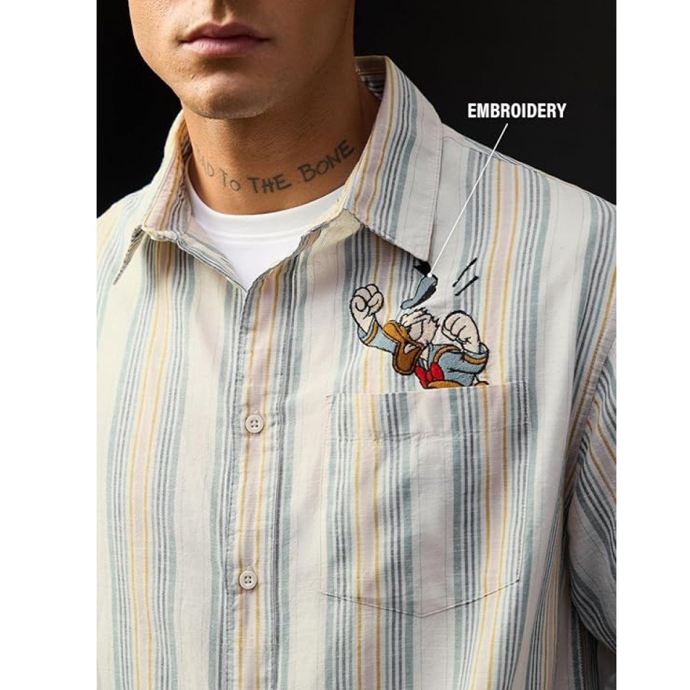 The Souled Store Disney: Angry Donald Men and Boys Long Sleeve Collared Off-White Blue and Mustard Striped Embroidered Lightweight Easy to Style Everyday Office Wear Cotton Linen Relaxed Shir