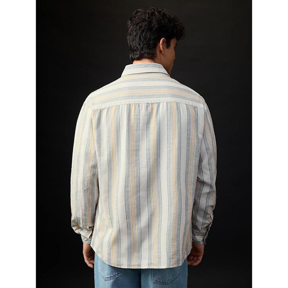 The Souled Store Disney: Angry Donald Men and Boys Long Sleeve Collared Off-White Blue and Mustard Striped Embroidered Lightweight Easy to Style Everyday Office Wear Cotton Linen Relaxed Shir