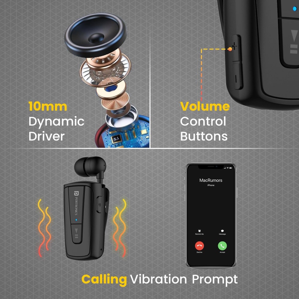 Portronics Harmonics Klip 4 Retractable Bluetooth Music & Calling Earphone with Long Playtime, Vibration Prompt (Black)