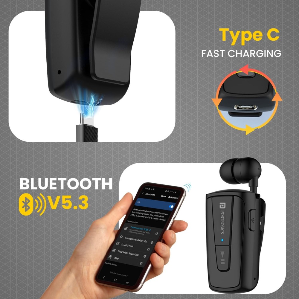Portronics Harmonics Klip 4 Retractable Bluetooth Music & Calling Earphone with Long Playtime, Vibration Prompt (Black)