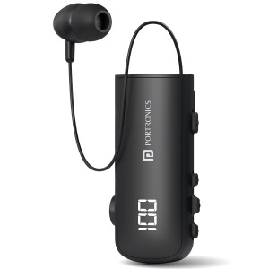 Portronics Harmonics Klip 7 Retractable Bluetooth Calling Earphone, In Built ENC,Upto 30 Hour Playback,Vibration Prompt,Strong Clip,HD Clarity Mic, LED Battery Display, BT V5.4, Type C Charging(Black)