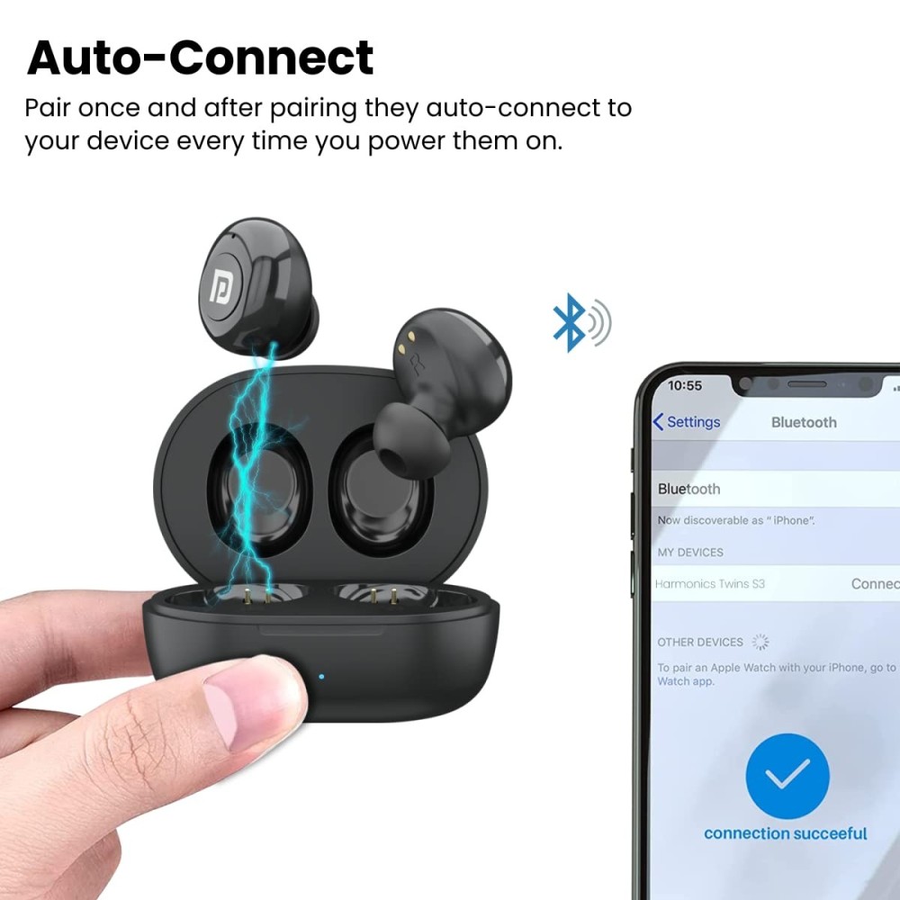 Portronics Harmonics Twins S3 Smart TWS Bluetooth 5.2 Earbuds with 20 Hrs Playtime, 8mm Drivers, Lightweight Design(Black)