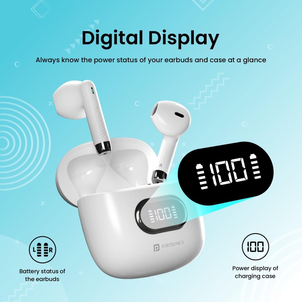 Portronics Harmonics Twins S9 True Wireless in Ear Earbuds with Upto 30H Playtime, Digital Display, 13mm Drivers, Balanced Bass, BT 5.3v, Touch Control, IPX4 Splash Resistant, Rapid Charging(White)