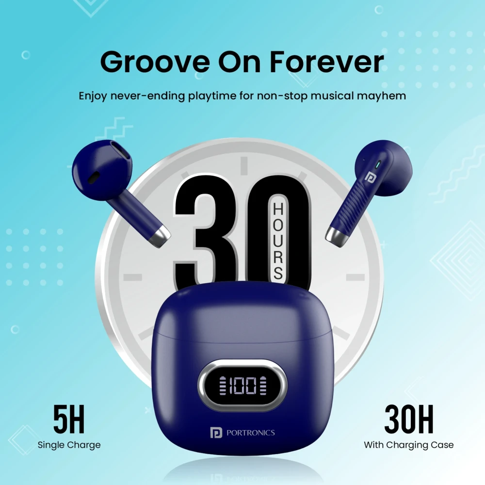 Portronics Harmonics Twins S9 True Wireless in Ear Earbuds with Upto 30H Playtime, Digital Display, 13mm Drivers, Balanced Bass, BT 5.3v, Touch Control, IPX4 Splash Resistant, Rapid Charging(Blue)