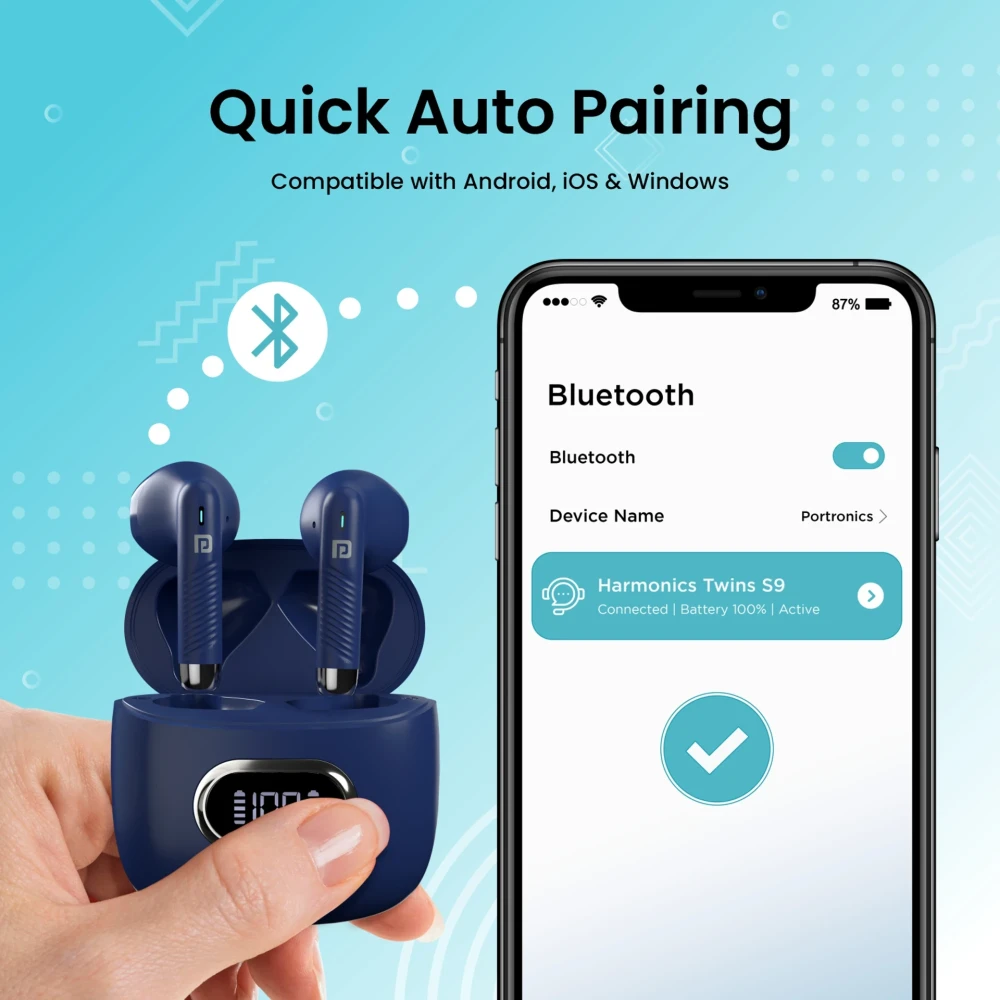Portronics Harmonics Twins S9 True Wireless in Ear Earbuds with Upto 30H Playtime, Digital Display, 13mm Drivers, Balanced Bass, BT 5.3v, Touch Control, IPX4 Splash Resistant, Rapid Charging(Blue)