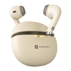 Portronics Harmonics Twins S19 Truly Wireless in Ear Earbuds with 30 Hours Playtime, Unique Earbuds Design, HD Quality Mic, Touch Control, Game/Music Mode, Low Latency, Type C Fast Charging(Biege)