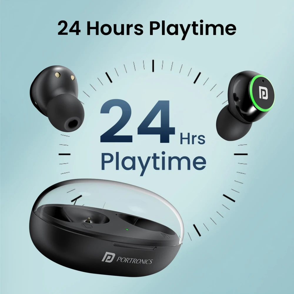 Portronics Harmonics Twins S13 in Ear Earbuds With Mic,24H Playtime, Game/Music Mode,BT5.3v Bluetooth Headset (Black, True Wireless)