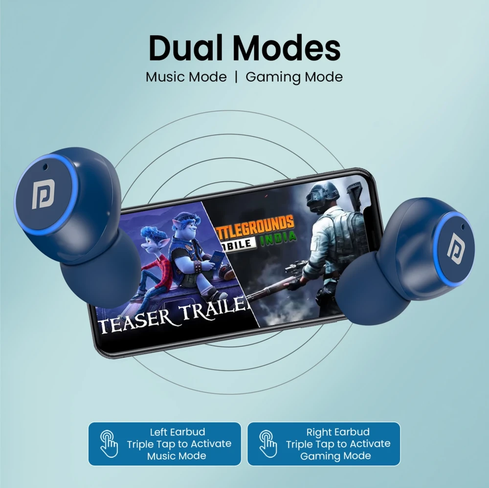 Portronics Harmonics Twins S13 in Ear Earbuds With Mic,24H Playtime, Game/Music Mode,BT5.3v Bluetooth Headset (Blue, True Wireless)