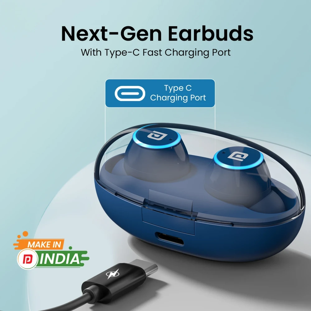 Portronics Harmonics Twins S13 in Ear Earbuds With Mic,24H Playtime, Game/Music Mode,BT5.3v Bluetooth Headset (Blue, True Wireless)