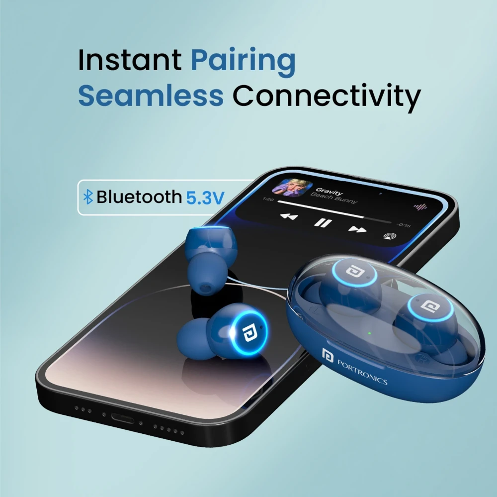Portronics Harmonics Twins S13 in Ear Earbuds With Mic,24H Playtime, Game/Music Mode,BT5.3v Bluetooth Headset (Blue, True Wireless)