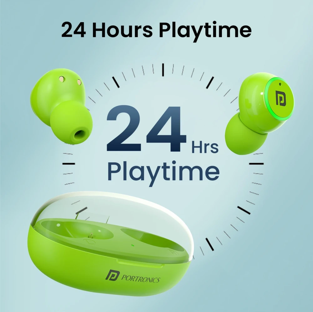 Portronics Harmonics Twins S13 in Ear Earbuds With Mic,24H Playtime, Game/Music Mode,BT5.3v Bluetooth Gaming Headset (Green, True Wireless)