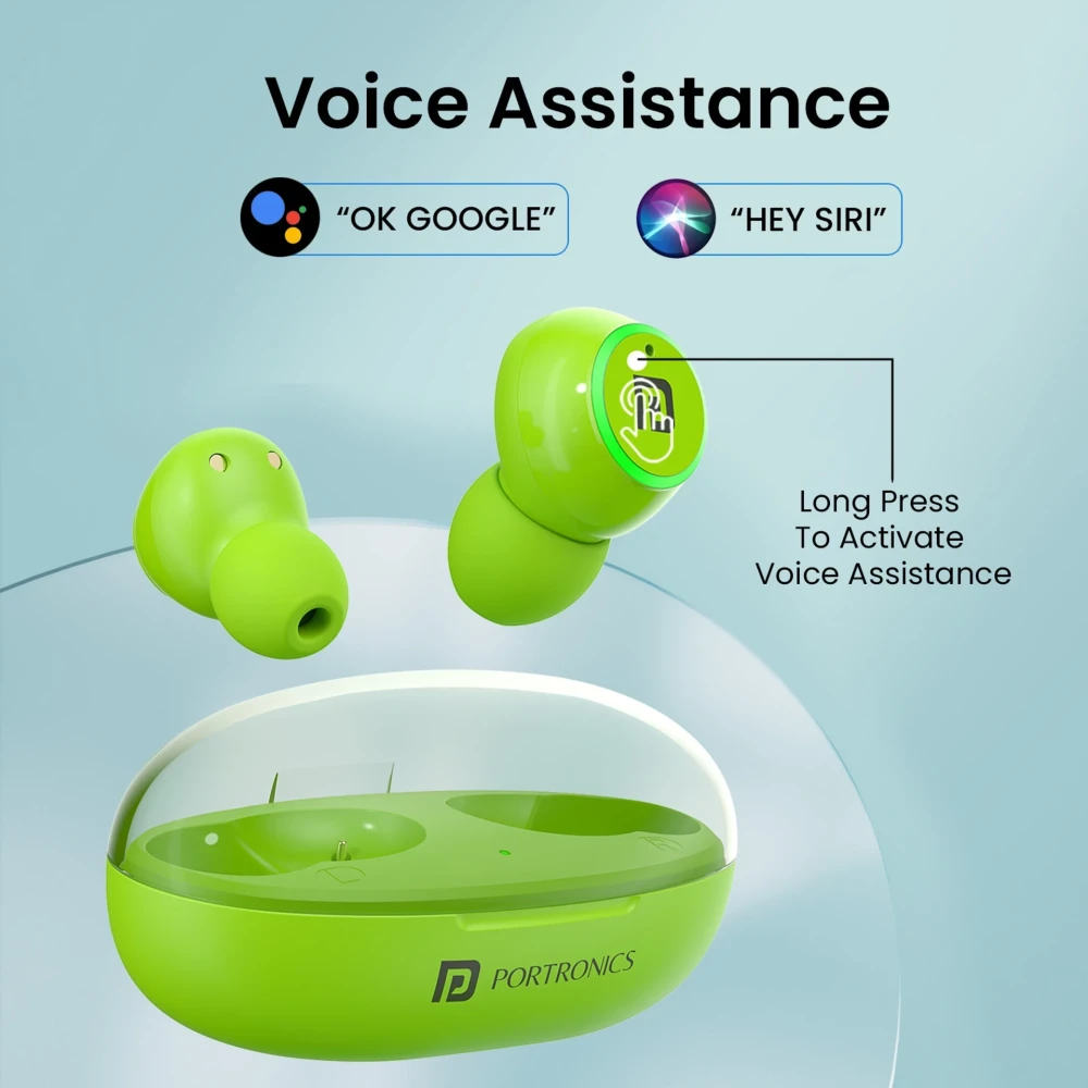 Portronics Harmonics Twins S13 in Ear Earbuds With Mic,24H Playtime, Game/Music Mode,BT5.3v Bluetooth Gaming Headset (Green, True Wireless)