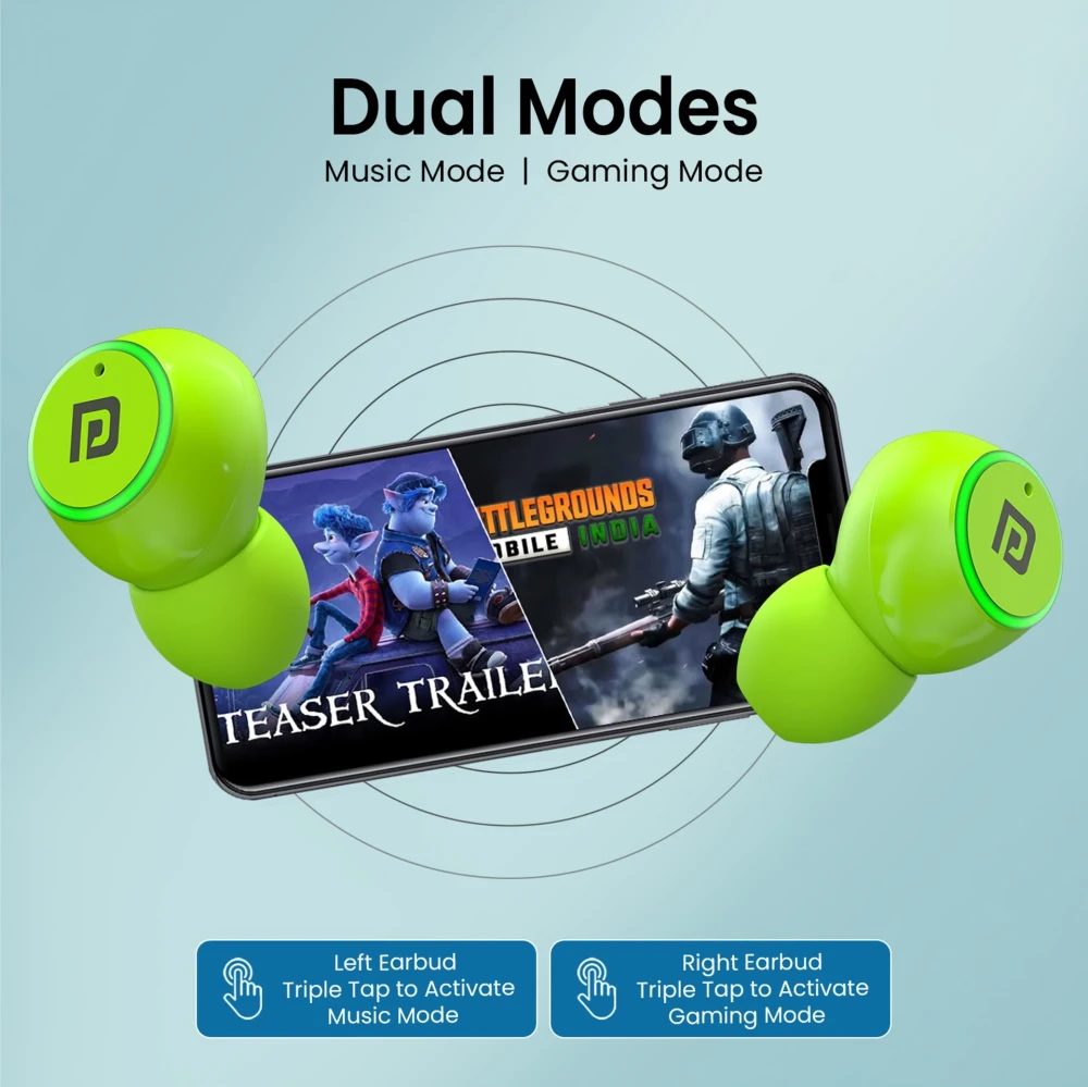 Portronics Harmonics Twins S13 in Ear Earbuds With Mic,24H Playtime, Game/Music Mode,BT5.3v Bluetooth Gaming Headset (Green, True Wireless)