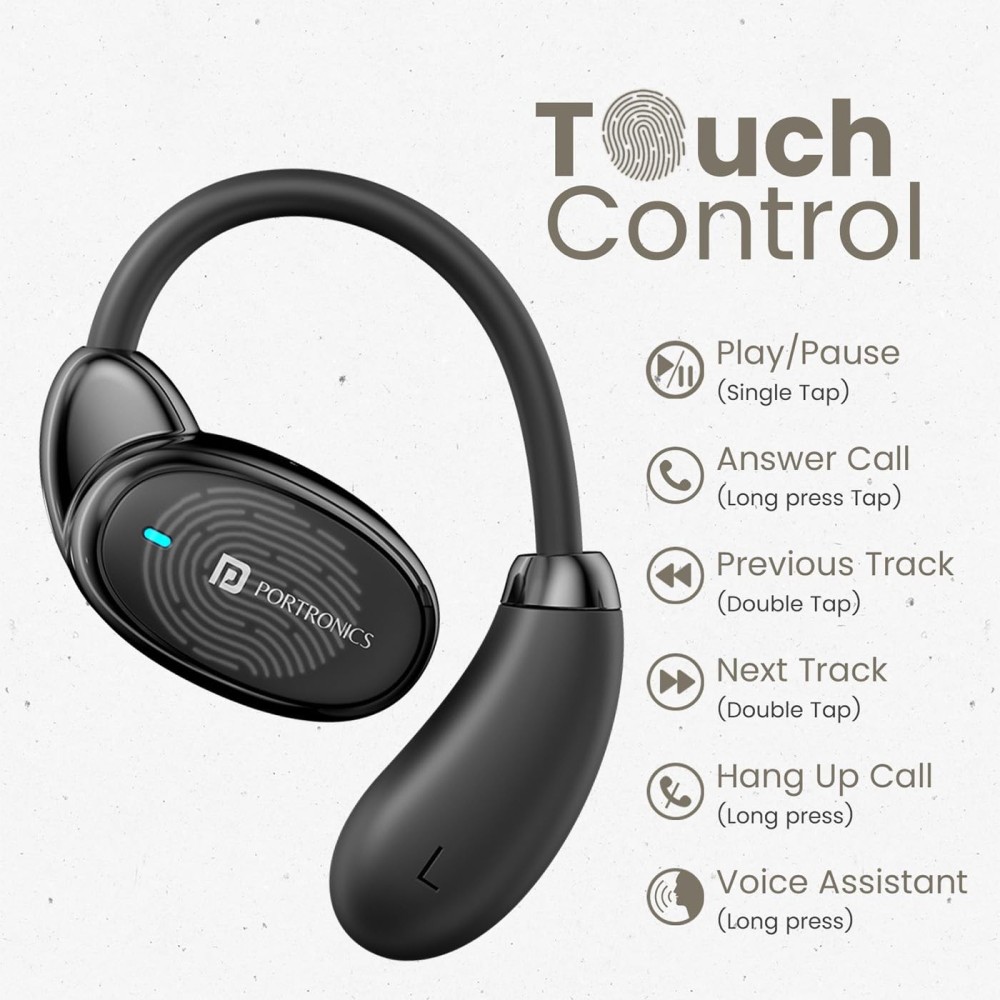 Portronics Harmonics Twins 31 OWS Wireless Earbuds with HD Mic, Flexible Secure Earhook, Touch Control, 24H Playtime, Music & Gaming Modes, Bluetooth 5.4, Lightweight - (Black)