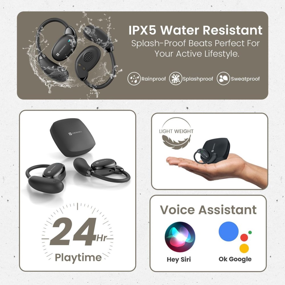 Portronics Harmonics Twins 31 OWS Wireless Earbuds with HD Mic, Flexible Secure Earhook, Touch Control, 24H Playtime, Music & Gaming Modes, Bluetooth 5.4, Lightweight - (Black)