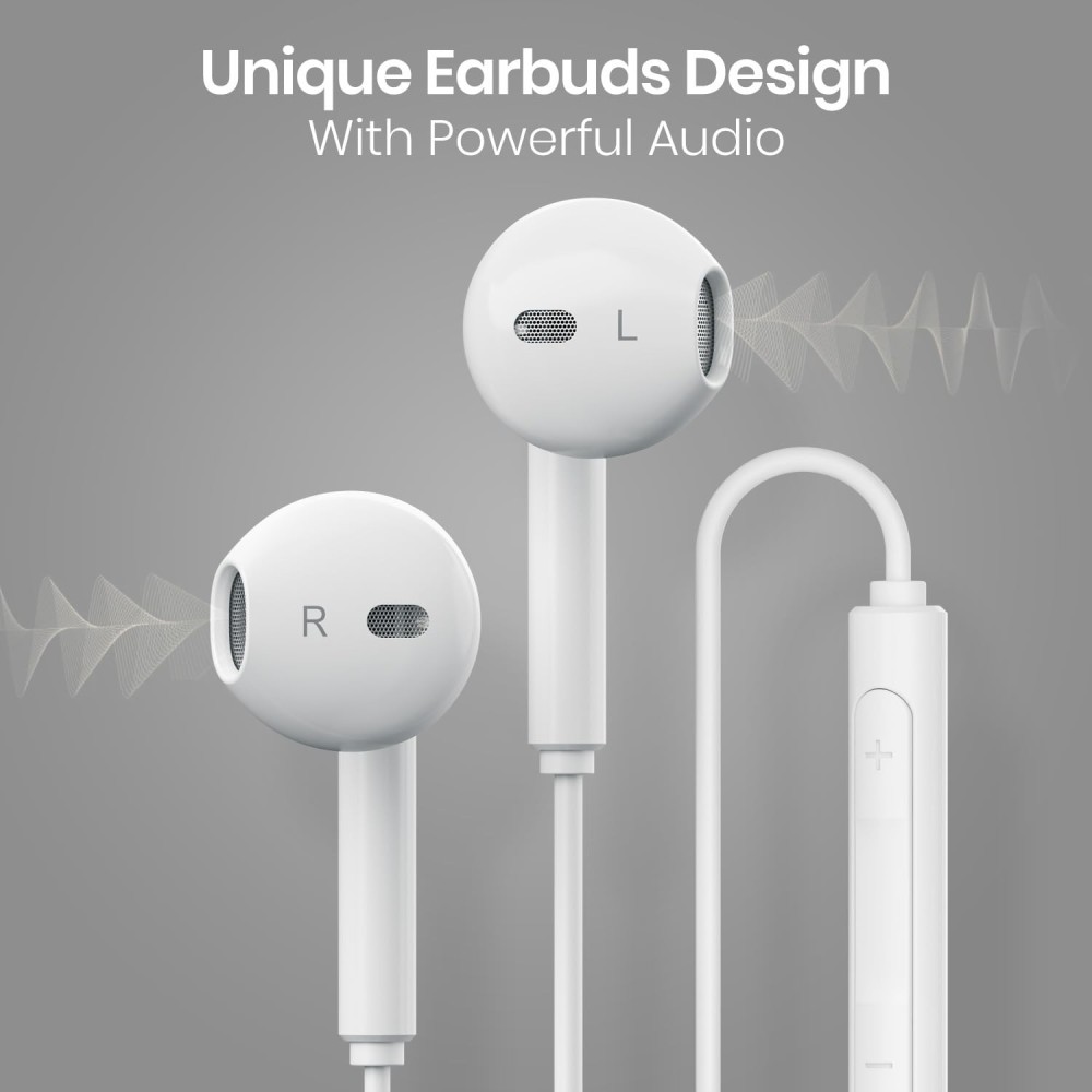 Portronics Conch Theta L 8 Pin Wired Earphone with in Line HD Mic, Powerful Audio, 14.2mm Driver, Unique Earbuds Design, TPE Anti Tangle Wire, in line Controls, Wide Compatibility(White)