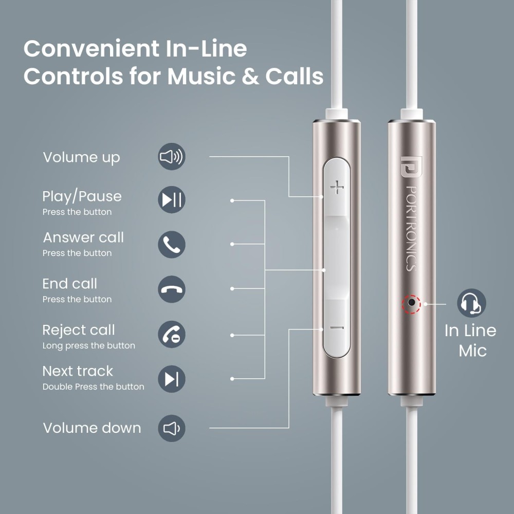 Portronics Conch Sigma A in Ear 3.5mm Aux Wired Earphones with in Line HD Mic & Magnetic Earbuds, Powerful Audio, 14.2mm Driver, Anti Tangle Wire, in line Controls, Wide Compatibility(White)