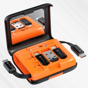 Portronics Snapcase 5 60W Multifunctional Fast Charging Data Cable Kit With Retractable Cable, Conversion Set USB A & Type C to Male Micro/Lightning,Sim Storage,Sim Eject Pin, Makeup Mirror