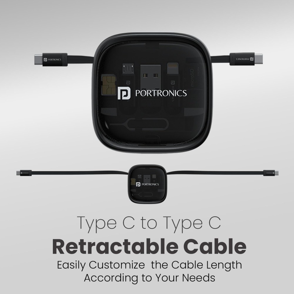 Portronics Snapcase 2 60W Multifunctional Fast Charging Data Cable Kit with Retractable Cable, USB-A & USB-C to Micro USB/Lightning Conversion Set, SIM Storage & SIM Eject Pin – (Black)
