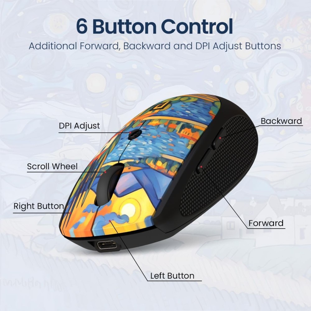 Portronics Toad III Plus Rechargeable Bluetooth & 2.4GHz Wireless Mouse with 6 Buttons, Soft Silicone Grip, Stylish Illustrated Design for Laptop, PC & Mac - (Black)