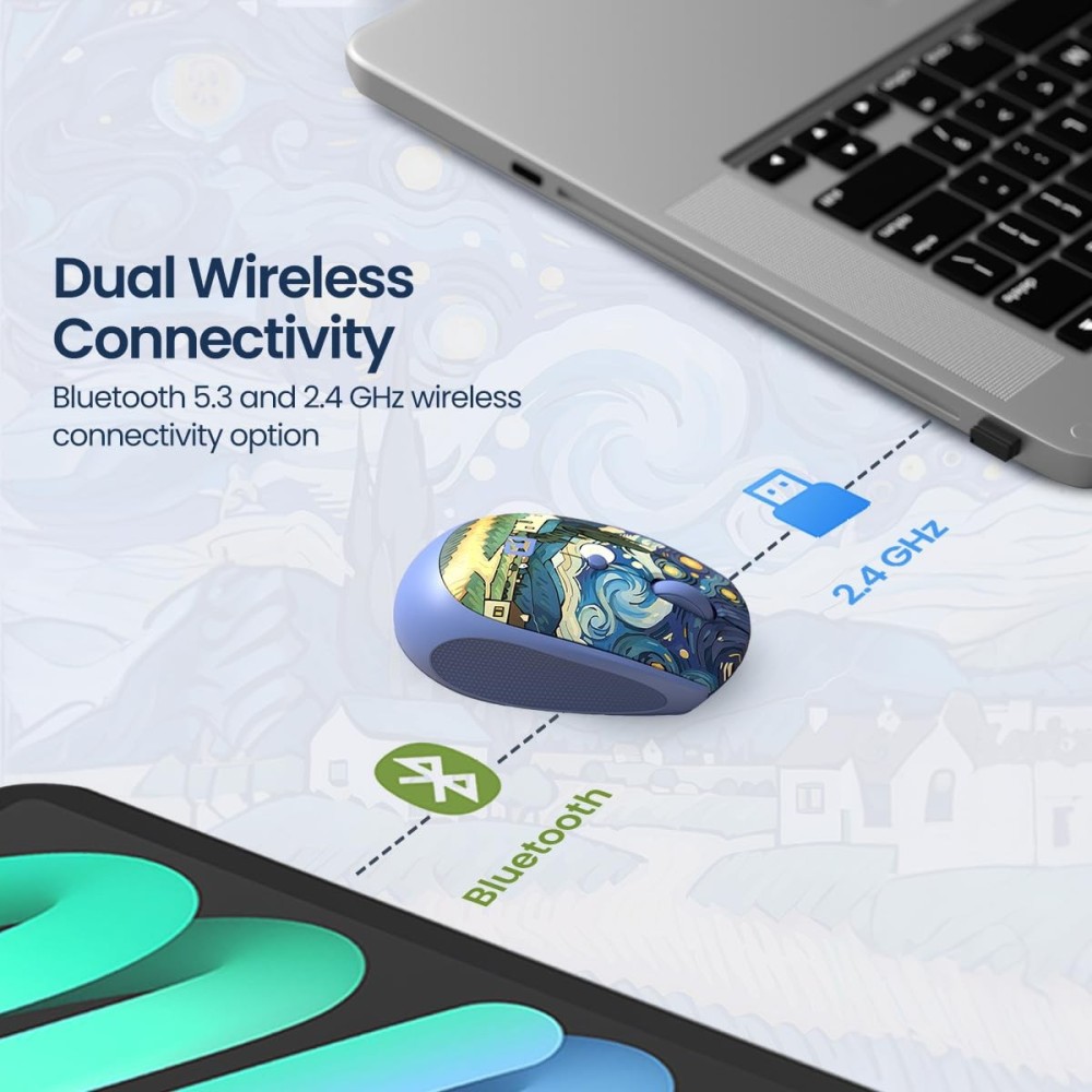 Portronics Toad III Plus Rechargeable Bluetooth & 2.4GHz Wireless Mouse with 6 Buttons, Soft Silicone Grip, Stylish Illustrated Design for Laptop, PC & Mac - (Blue)