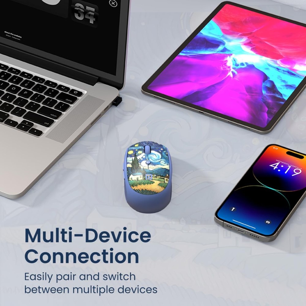 Portronics Toad III Plus Rechargeable Bluetooth & 2.4GHz Wireless Mouse with 6 Buttons, Soft Silicone Grip, Stylish Illustrated Design for Laptop, PC & Mac - (Blue)