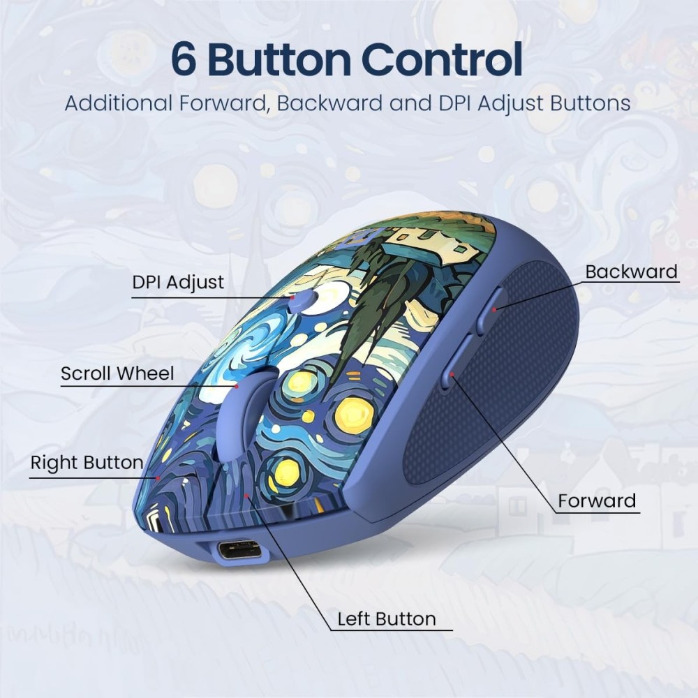 Portronics Toad III Plus Rechargeable Bluetooth & 2.4GHz Wireless Mouse with 6 Buttons, Soft Silicone Grip, Stylish Illustrated Design for Laptop, PC & Mac - (Blue)