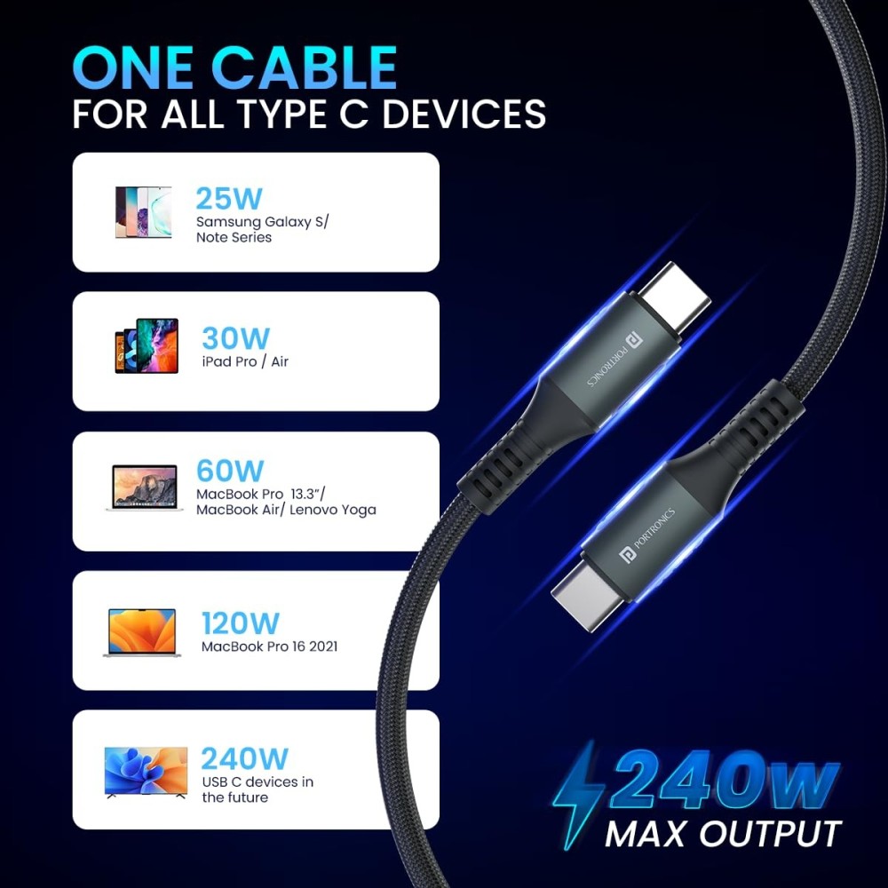 Portronics Konnect 240C 240W USB Type-C Fast Charging Cable (1.2M)