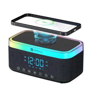 Portronics Trifusion 16W HD Sound Bluetooth Speaker with 15W Wireless Charging, 360°RGB LED Lights, Digital Clock with Alarm Setting, Built-in White Noise, USB/SD Card/AUX in, Type C Charging