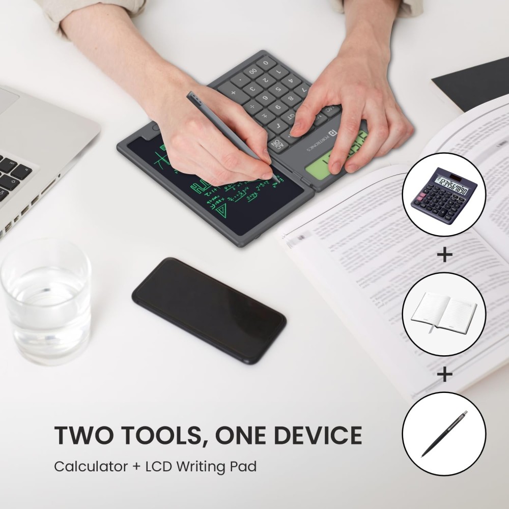 Portronics Ruffpad Calc 2-in-1 Calculator & 6.5-Inch LCD Writing Pad, 12-Digit Foldable Digital Notepad with Stylus Pen for Students, School, Office & Kids - (Black)