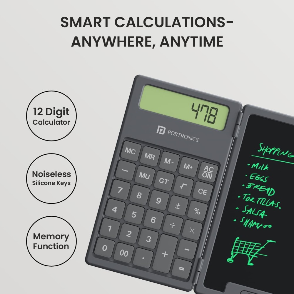 Portronics Ruffpad Calc 2-in-1 Calculator & 6.5-Inch LCD Writing Pad, 12-Digit Foldable Digital Notepad with Stylus Pen for Students, School, Office & Kids - (Black)