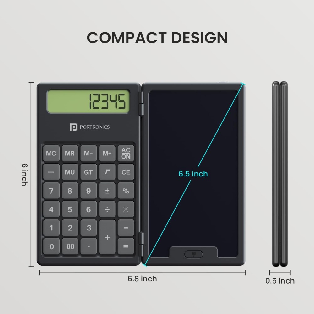Portronics Ruffpad Calc 2-in-1 Calculator & 6.5-Inch LCD Writing Pad, 12-Digit Foldable Digital Notepad with Stylus Pen for Students, School, Office & Kids - (Black)
