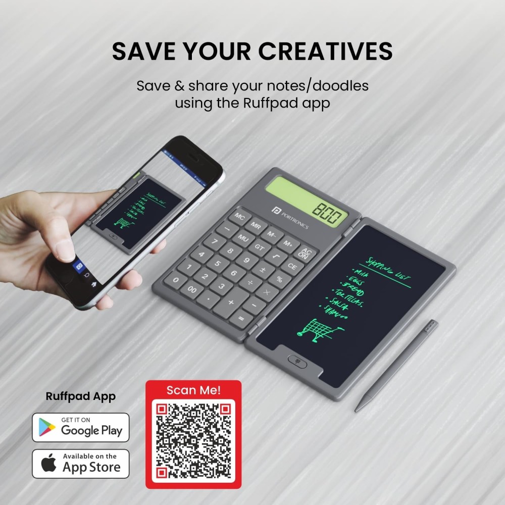Portronics Ruffpad Calc 2-in-1 Calculator & 6.5-Inch LCD Writing Pad, 12-Digit Foldable Digital Notepad with Stylus Pen for Students, School, Office & Kids - (Black)