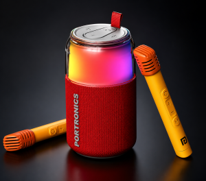Portronics 10W Talk Six Can-Shaped Portable Bluetooth Speaker with Dual Wireless Karaoke Mic, Upto 4 Hours Playtime, 360° Degree RGB LED Light, Bluetooth V5.3, USB-A in Port, Type C Charging(