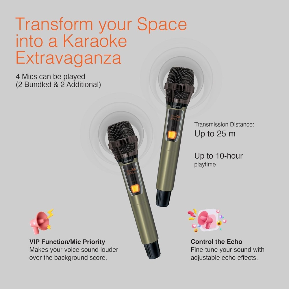 FINGERS RollingParties-51 Bluetooth Trolley Speaker with Powerful 50 W Deep Bass, RGB Lights, 15-Hour, Bundled 2 Wireless Mics & Additional 2 Mics (Rich Black)