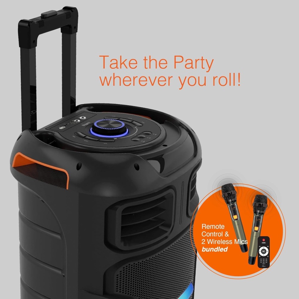 FINGERS RollingParties-51 Bluetooth Trolley Speaker with Powerful 50 W Deep Bass, RGB Lights, 15-Hour, Bundled 2 Wireless Mics & Additional 2 Mics (Rich Black)