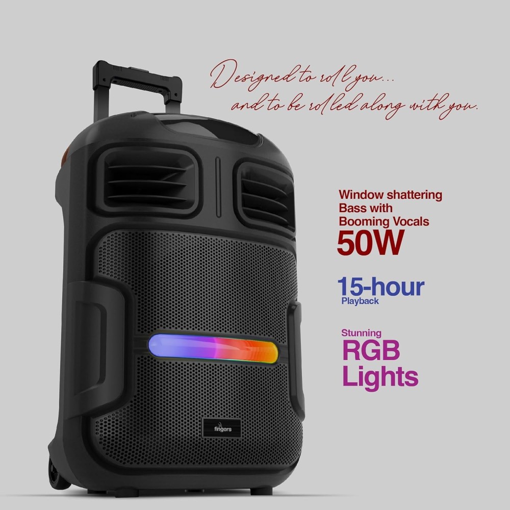 FINGERS RollingParties-51 Bluetooth Trolley Speaker with Powerful 50 W Deep Bass, RGB Lights, 15-Hour, Bundled 2 Wireless Mics & Additional 2 Mics (Rich Black)