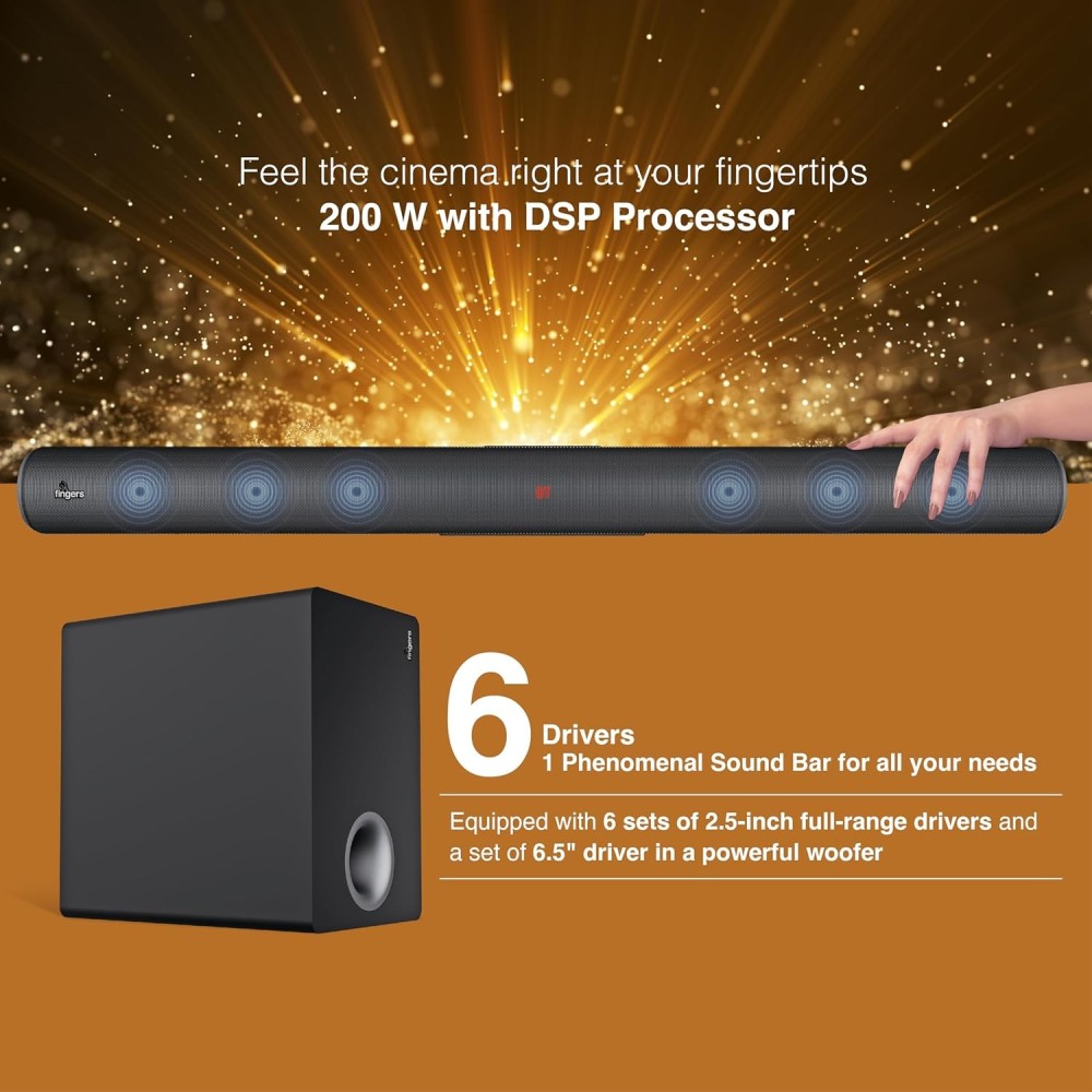 FINGERS Octane-200 Multimedia Sound Bar with Subwoofer (Powerful 200 Watts, Bluetooth, USB, AUX, Optical, HD Interface, Coaxial, Mic Input (6.35mm)