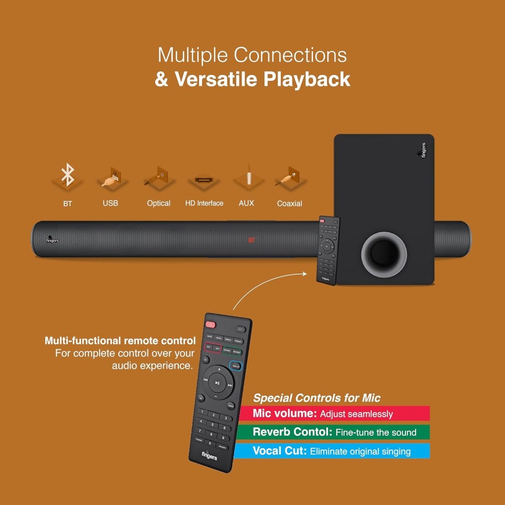 FINGERS Octane-200 Multimedia Sound Bar with Subwoofer (Powerful 200 Watts, Bluetooth, USB, AUX, Optical, HD Interface, Coaxial, Mic Input (6.35mm)