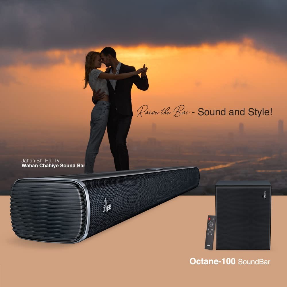 FINGERS Octane-100 Multimedia Sound Bar with Powerful 100 Watts, Subwoofer, Bluetooth, USB, AUX, Optical, HD Interface (ARC), Wall Mountable & Remote Control