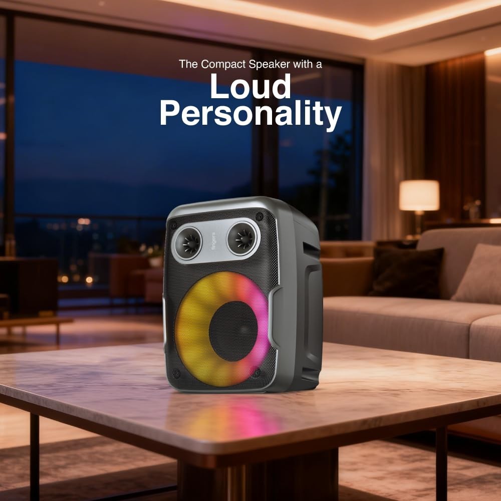 FINGERS HootBeats7 Compact Portable Bluetooth Speaker with RGB Lights, Karaoke Mic Input, FM Radio, USB, AUX & MicroSD, Multi-Point Pairing, Up to 7 Hours Playtime – (Midnight Black)
