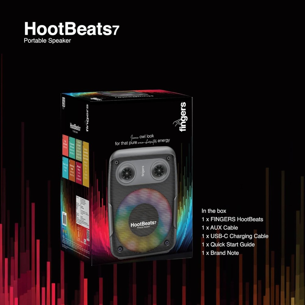 FINGERS HootBeats7 Compact Portable Bluetooth Speaker with RGB Lights, Karaoke Mic Input, FM Radio, USB, AUX & MicroSD, Multi-Point Pairing, Up to 7 Hours Playtime – (Midnight Black)