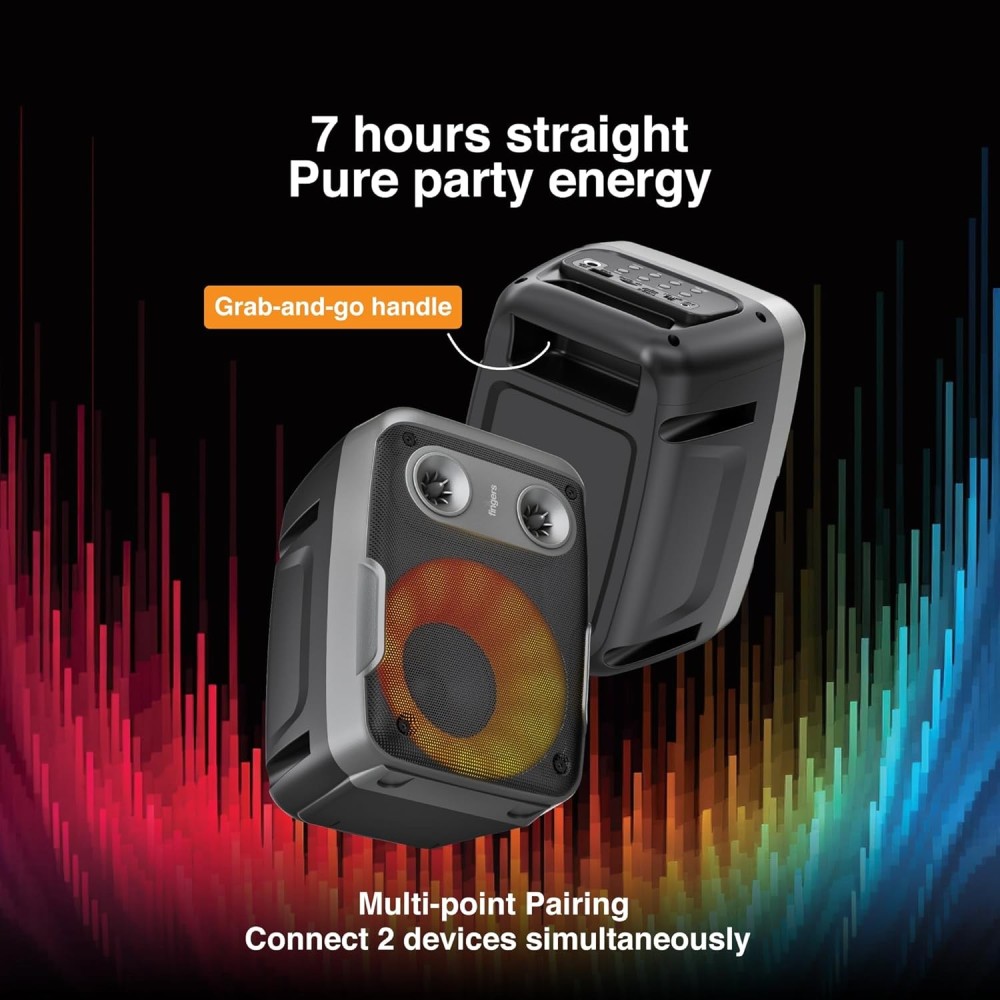FINGERS HootBeats7 Compact Portable Bluetooth Speaker with RGB Lights, Karaoke Mic Input, FM Radio, USB, AUX & MicroSD, Multi-Point Pairing, Up to 7 Hours Playtime – (Midnight Black)