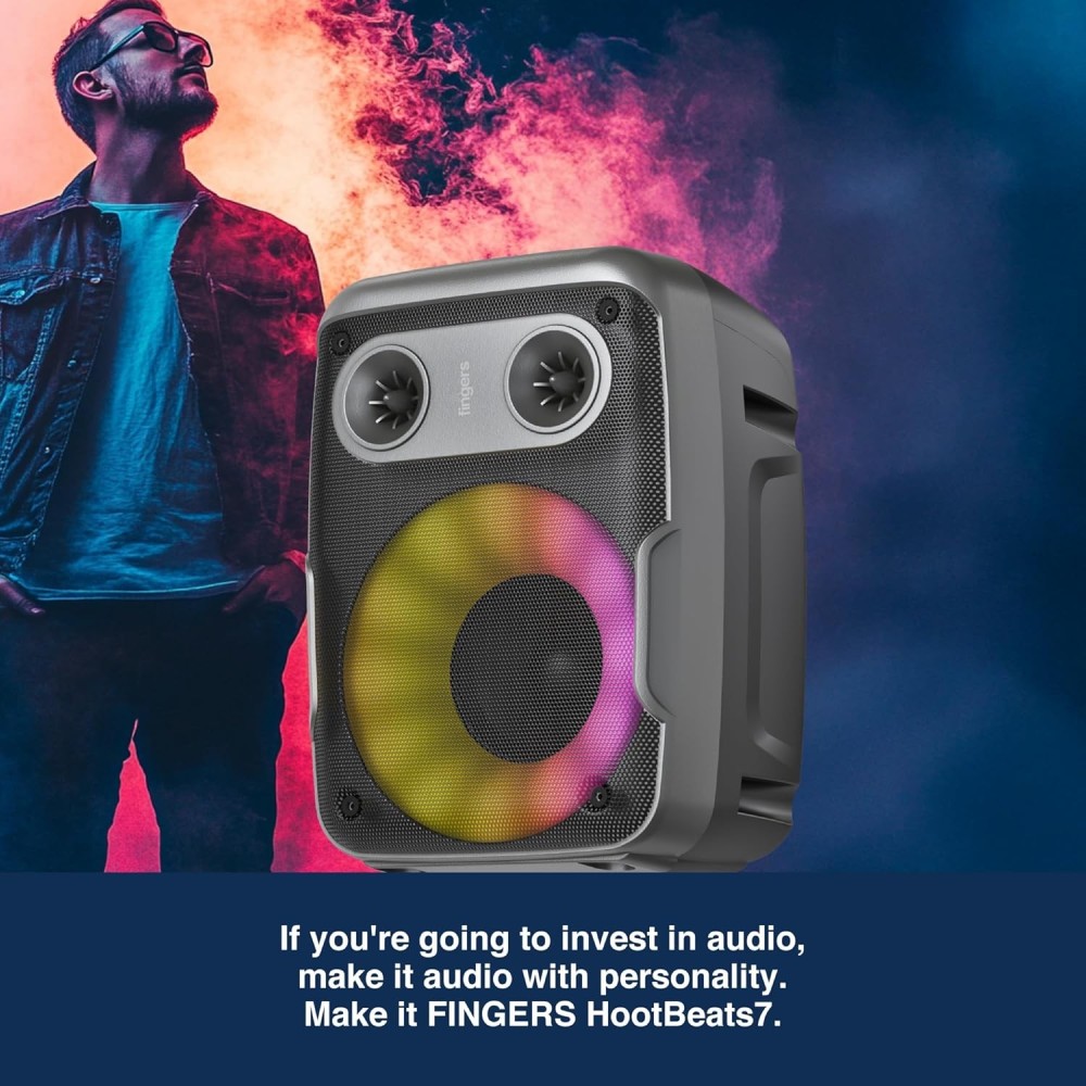 FINGERS HootBeats7 Compact Portable Bluetooth Speaker with RGB Lights, Karaoke Mic Input, FM Radio, USB, AUX & MicroSD, Multi-Point Pairing, Up to 7 Hours Playtime – (Midnight Black)