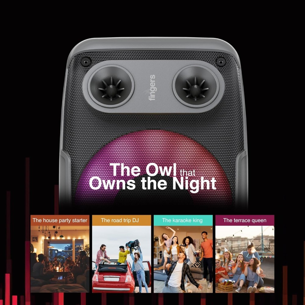 FINGERS HootBeats7 Compact Portable Bluetooth Speaker with RGB Lights, Karaoke Mic Input, FM Radio, USB, AUX & MicroSD, Multi-Point Pairing, Up to 7 Hours Playtime – (Midnight Black)