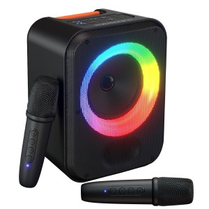Portronics 30W Dash Wireless Bluetooth Portable Speaker with Dual Wireless Karaoke Mic, Echo Control, 5 Hour Playtime, RGB LED Light, Bluetooth V5.4, Easy Grab Handle, USB in, Type C Charging