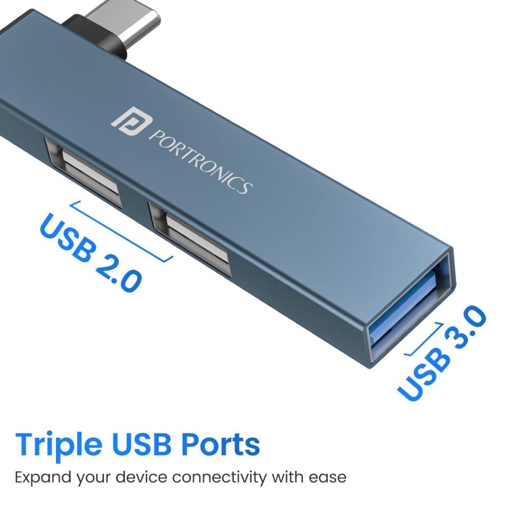 Portronics Mport Mino C USB C Hub, 3 Port USB 2.0 Docking Station with Aluminium Alloy Body for Laptop, MacBook & PC - (Grey)