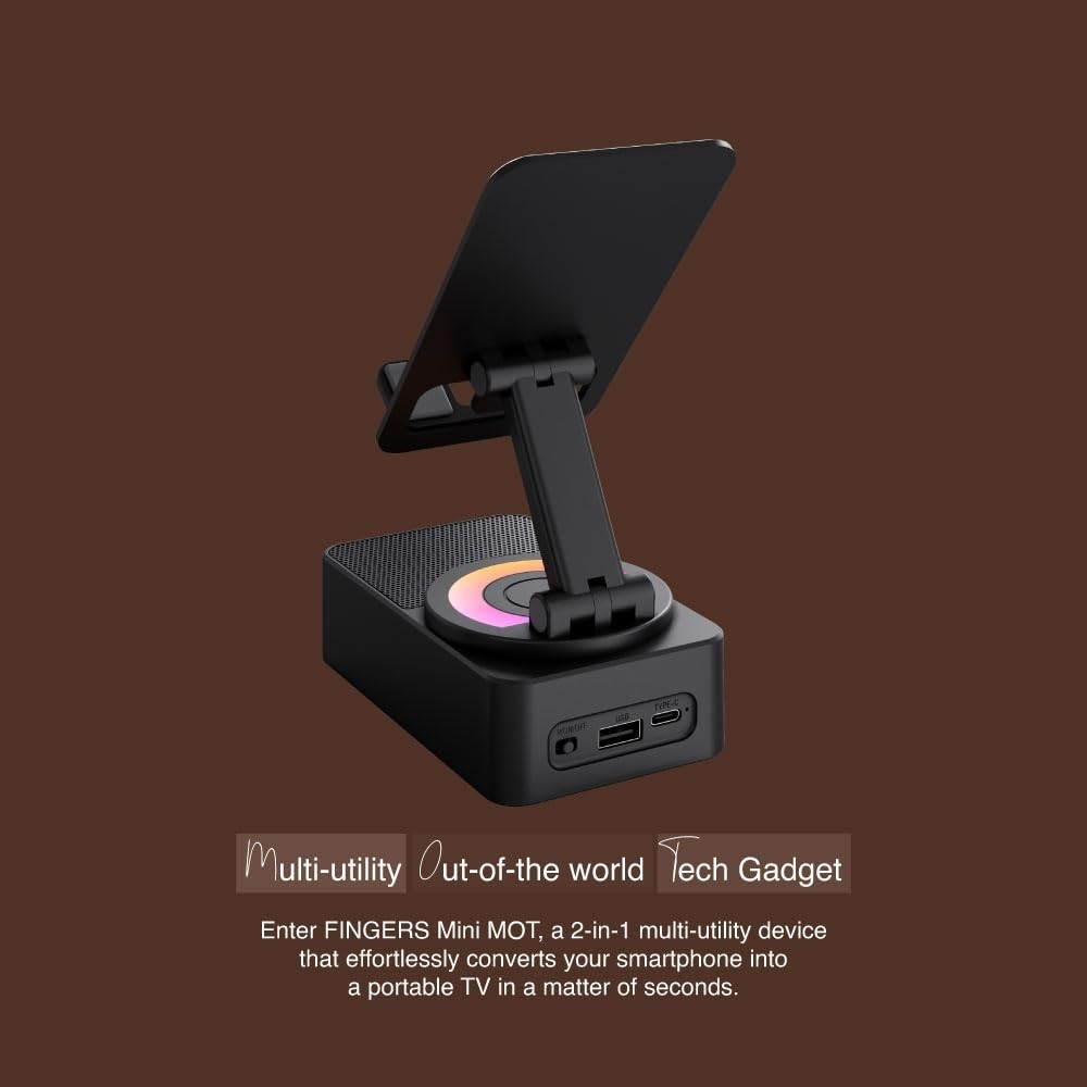 FINGERS Mini MOT (My-Own-TV) Bluetooth & USB Portable Speaker-Cum-Mobile Stand with 360° Rotation (Dazzling RGB Lights, 6-Hour Playback, Built-in Mic) - Rich Black
