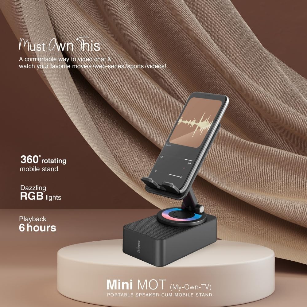 FINGERS Mini MOT (My-Own-TV) Bluetooth & USB Portable Speaker-Cum-Mobile Stand with 360° Rotation (Dazzling RGB Lights, 6-Hour Playback, Built-in Mic) - Rich Black